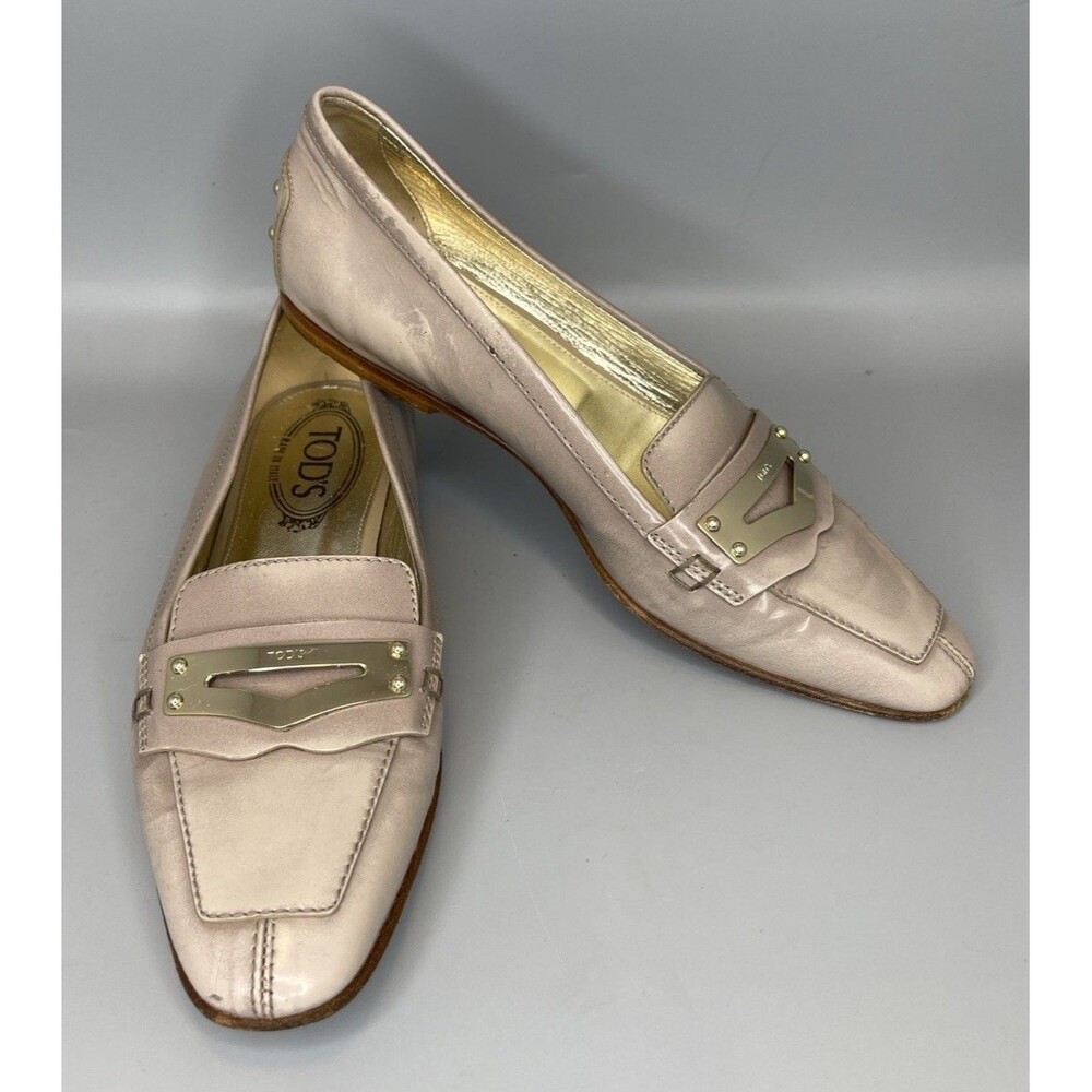 Tods Patent Leather Square Loafers Womens EU 37 US 7 Beige Gold Accents Studded